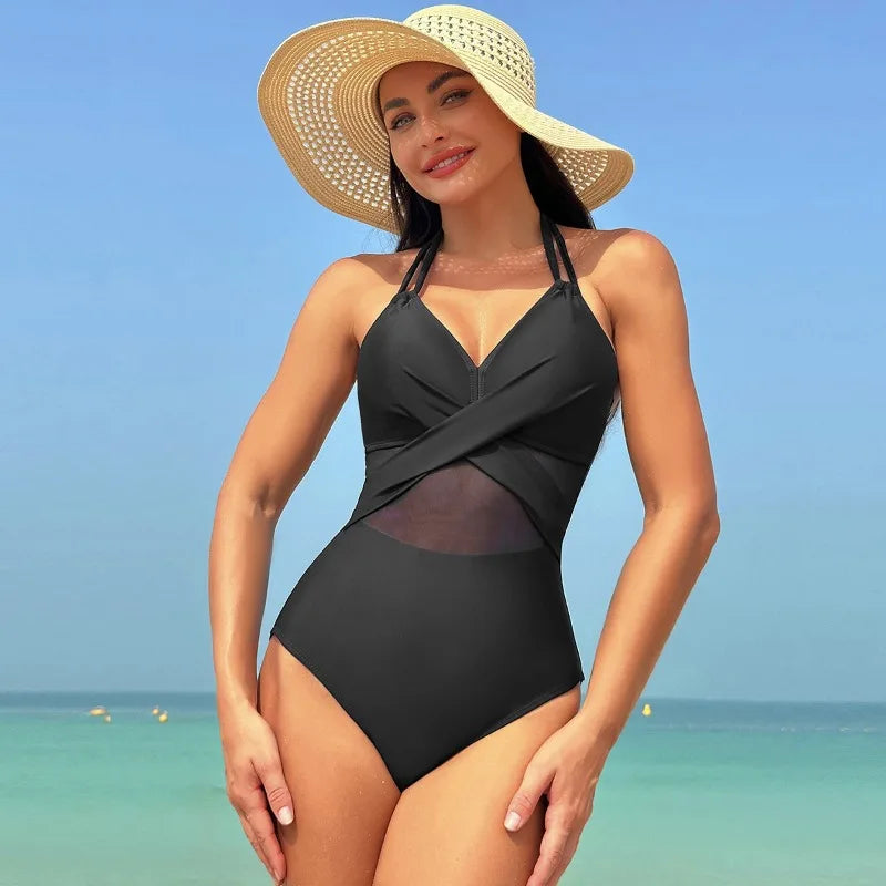 Women's Mesh-Accented Halter Push-Up One-Piece Swimwear	