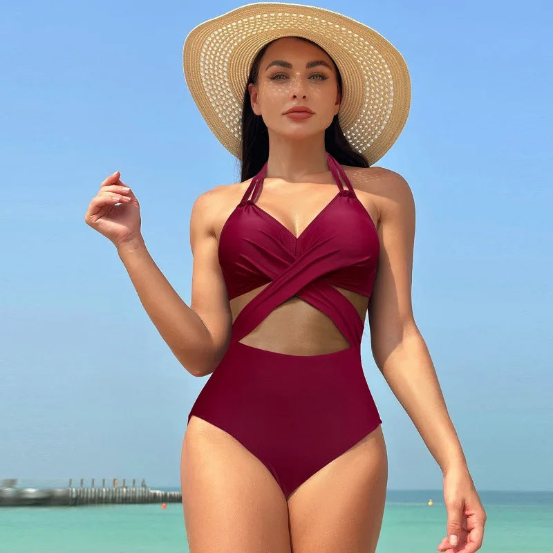 Women's Mesh-Accented Halter Push-Up One-Piece Swimwear Swimwear