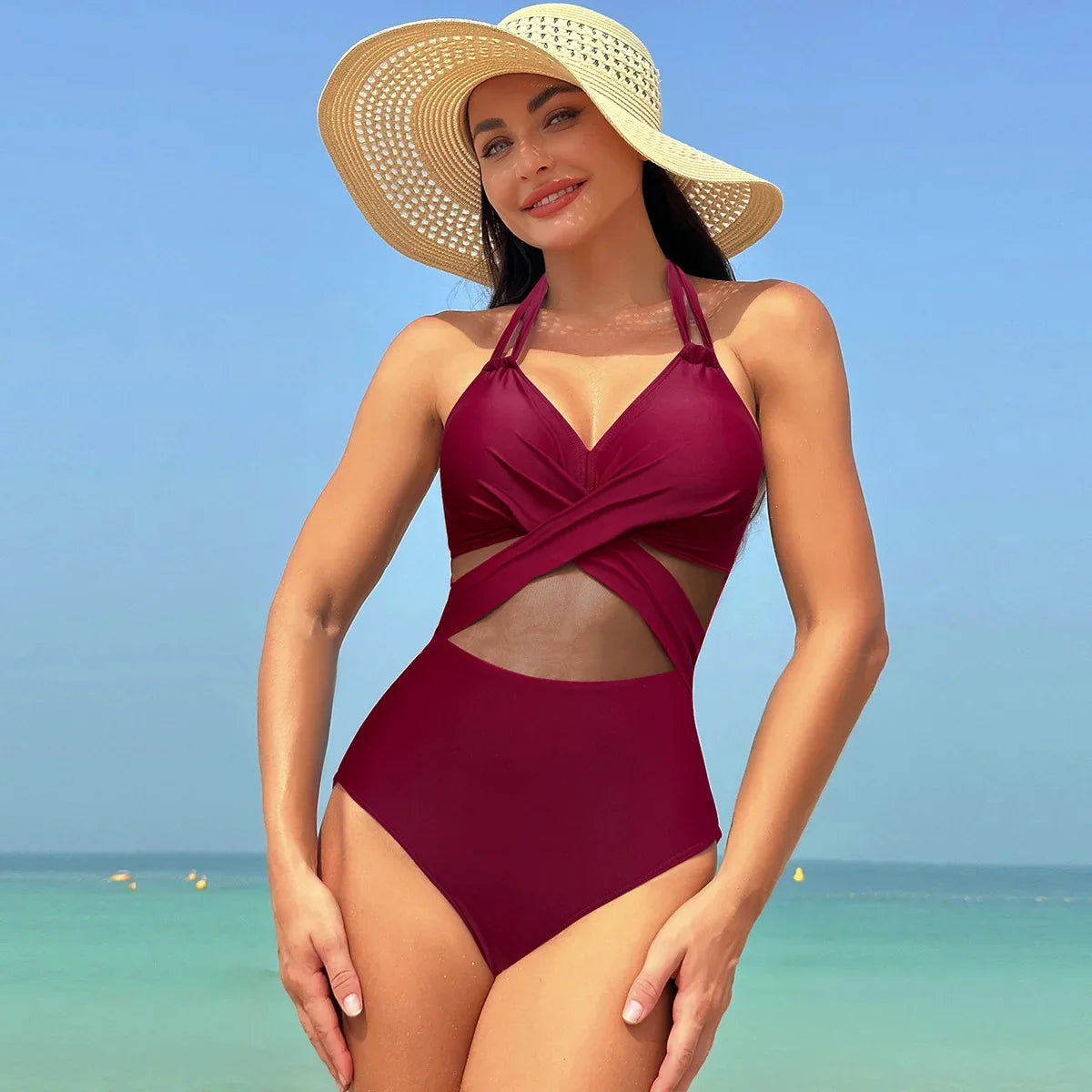 Women's Mesh-Accented Halter Push-Up One-Piece Swimwear Swimwear