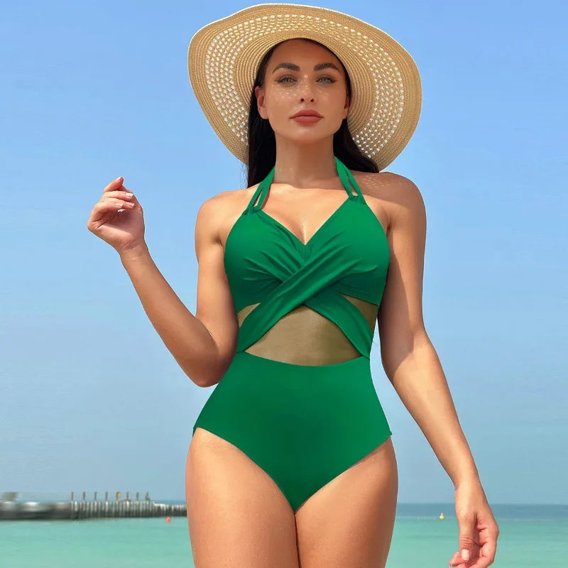 Women's Mesh-Accented Halter Push-Up One-Piece Swimwear Swimwear