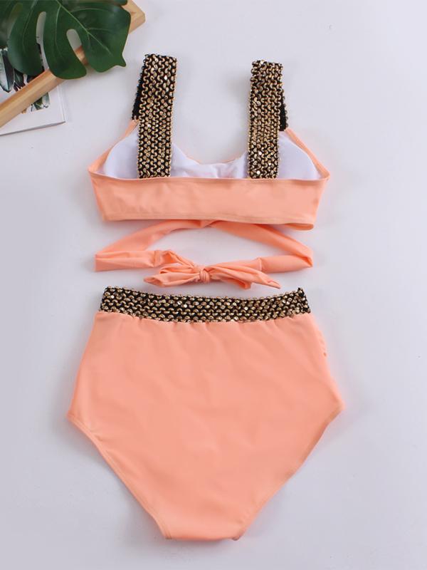 Women's Golden High-Waisted Bikini Set with Twist Bra Swimwear