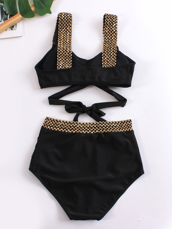 Women's Golden High-Waisted Bikini Set with Twist Bra Swimwear