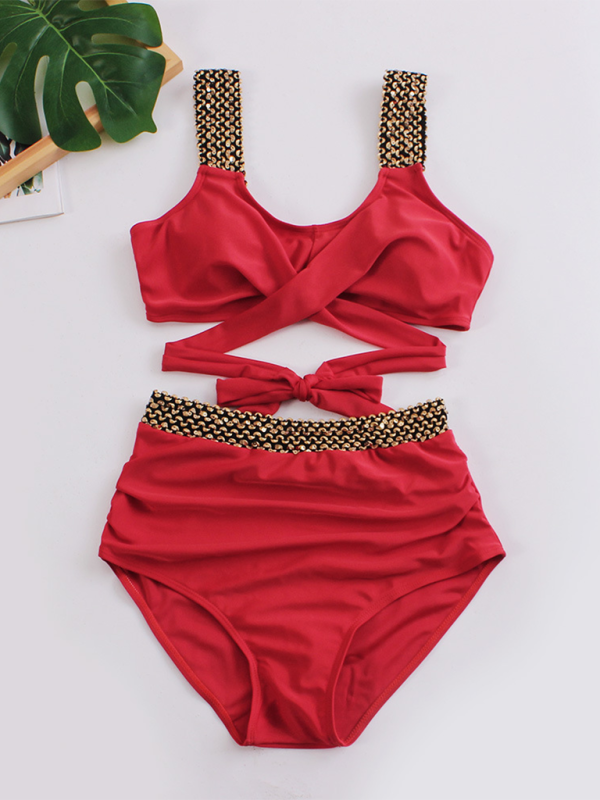 Women's Golden High-Waisted Bikini Set with Twist Bra Swimwear