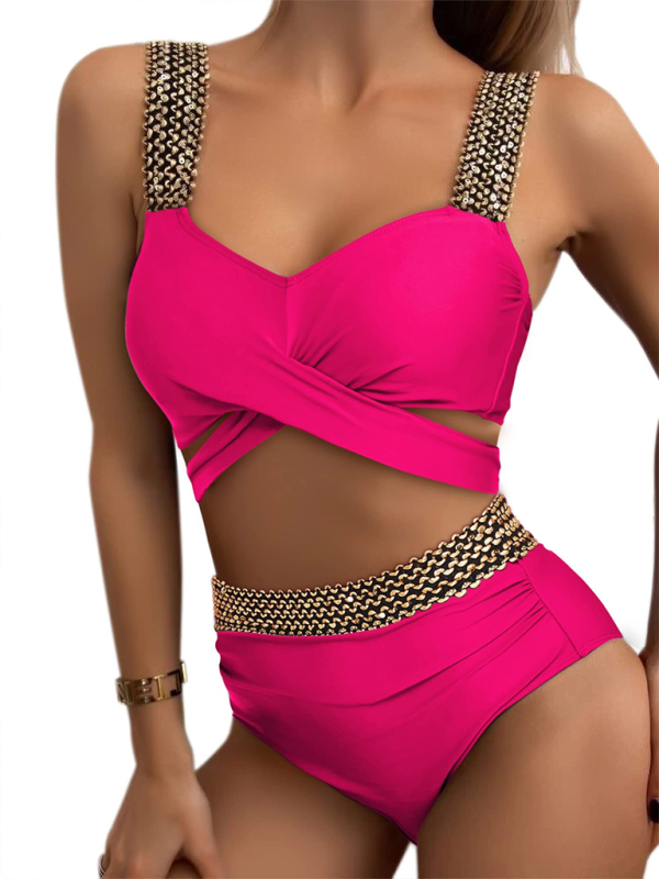 Women's Golden High-Waisted Bikini Set with Twist Bra Swimwear