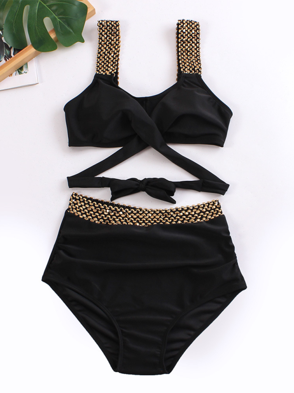 Women's Golden High-Waisted Bikini Set with Twist Bra Swimwear