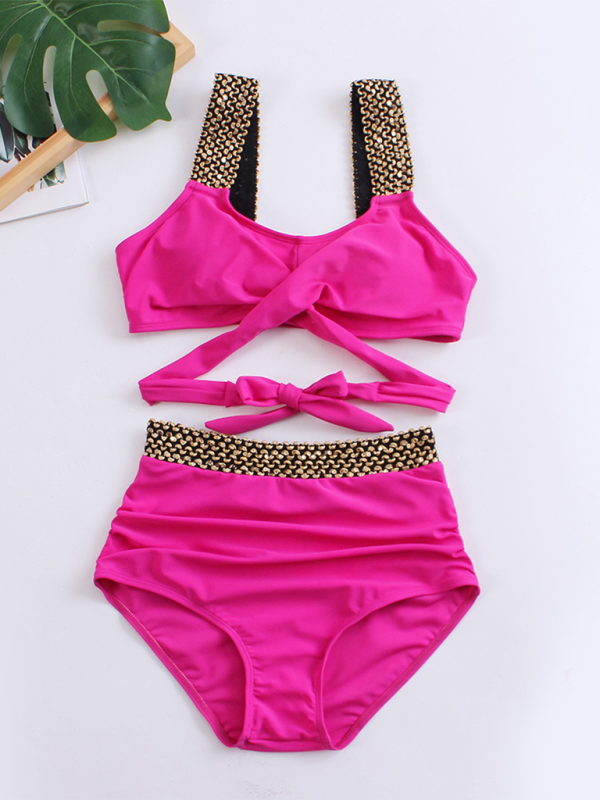 Women's Golden High-Waisted Bikini Set with Twist Bra Swimwear