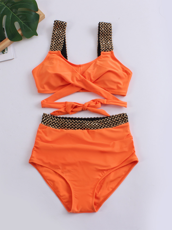 Women's Golden High-Waisted Bikini Set with Twist Bra Swimwear