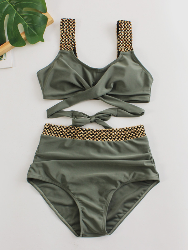 Women's Golden High-Waisted Bikini Set with Twist Bra Swimwear