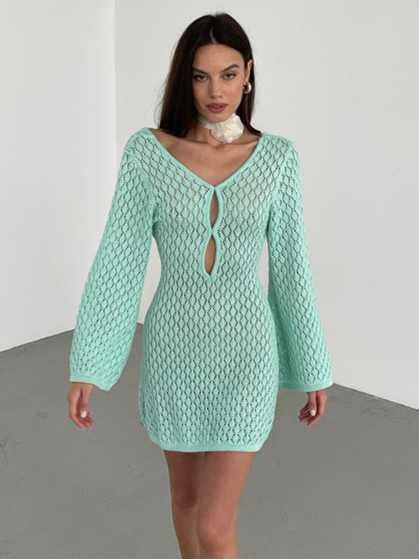 Women's Open Knit Bell Sleeves Dress Cover-Up for Beach Days