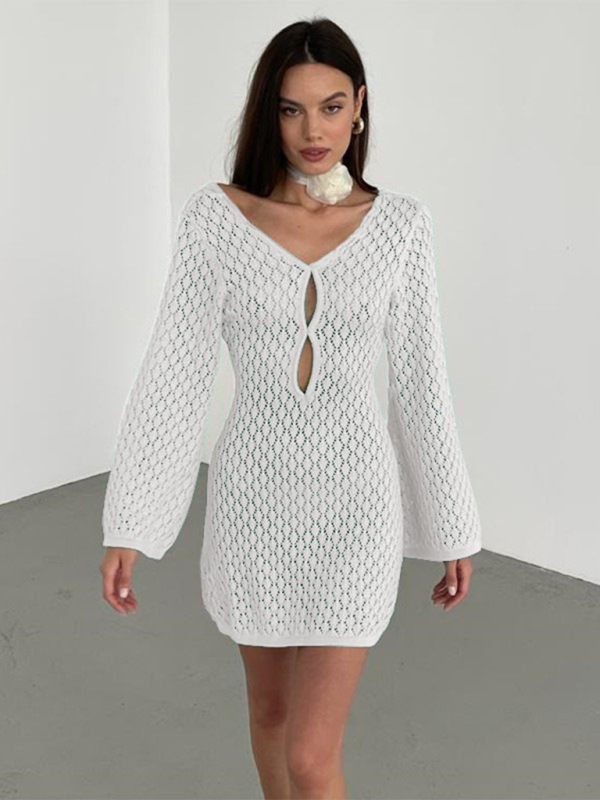 Beach Cover-Up Women's Open Knit Bell Sleeves Dress	