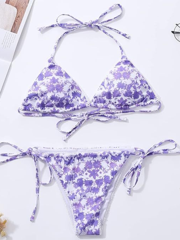 Women's Floral Print Triangle Bra & String Bikini Combo Swimwear