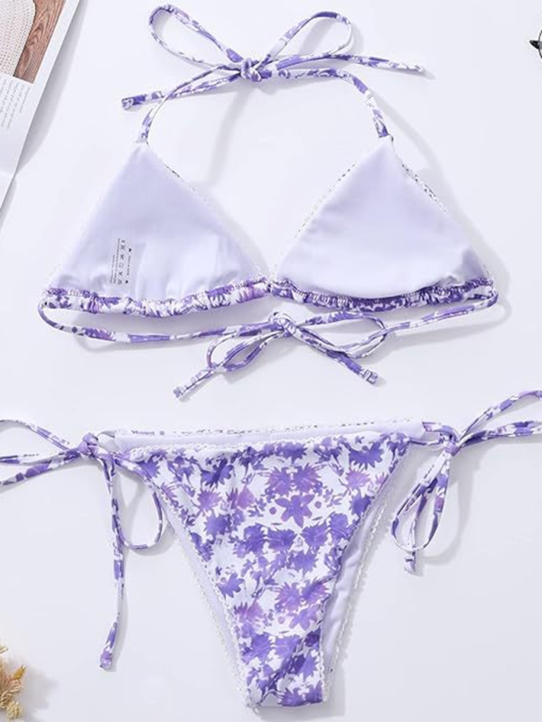 Women's Floral Print Triangle Bra & String Bikini Combo Swimwear