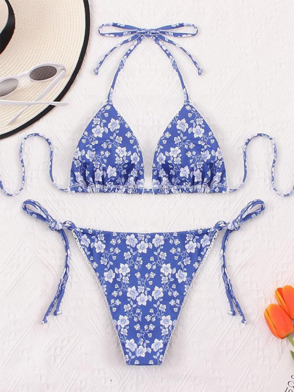 Women's Floral Print Triangle Bra & String Bikini Combo Swimwear