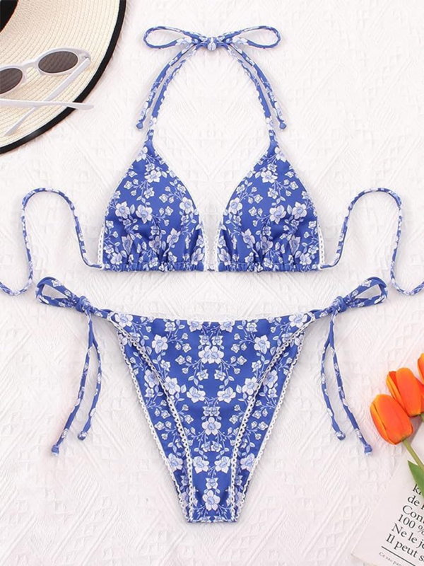 Women's Floral Print Triangle Bra & String Bikini Combo Swimwear