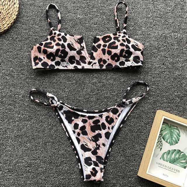 Women's Animal Print Swimwear V-Neck Bra & Bikini Swimwear