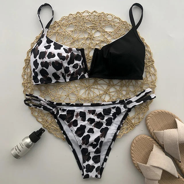 Women's Animal Print Swimwear V-Neck Bra & Bikini Swimwear