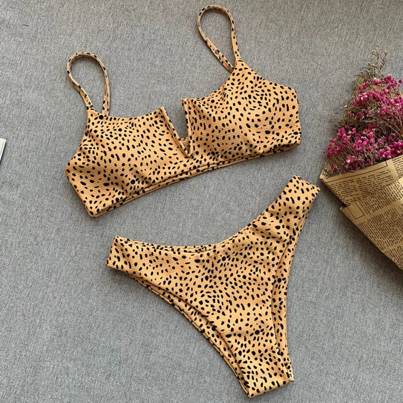 Women's Animal Print Swimwear V-Neck Bra & Bikini Swimwear