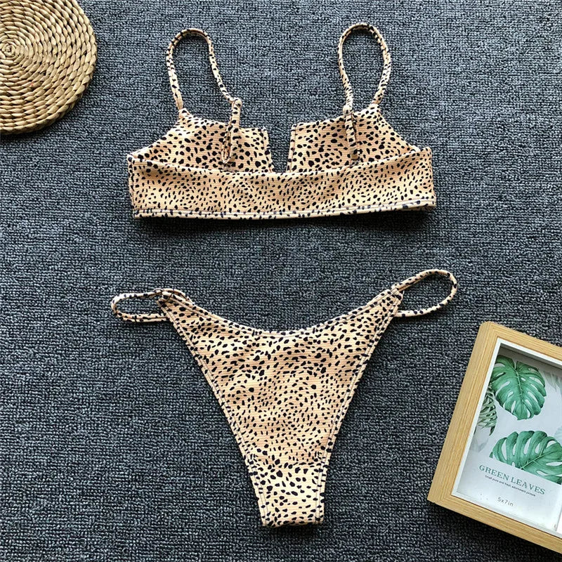 Women's Animal Print Swimwear V-Neck Bra & Bikini Swimwear