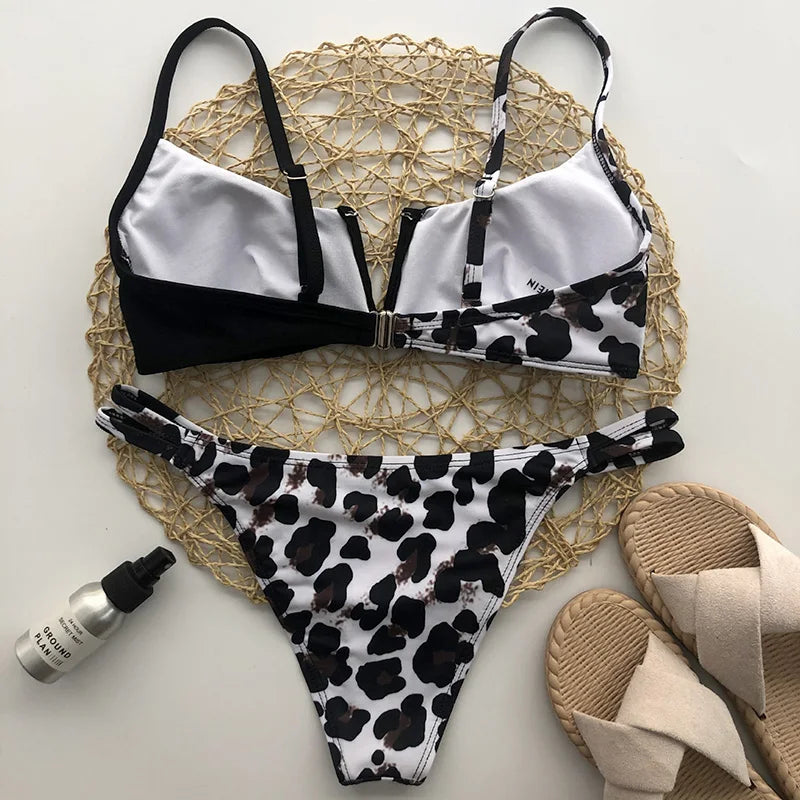 Women's Animal Print Swimwear V-Neck Bra & Bikini Swimwear