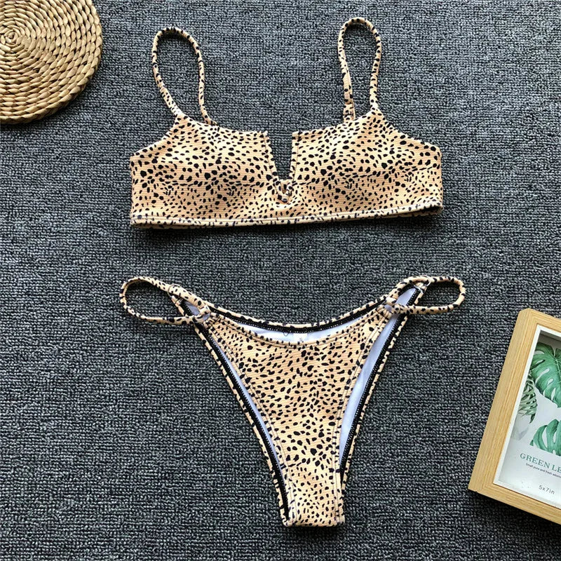 Women's Animal Print Swimwear V-Neck Bra & Bikini Swimwear