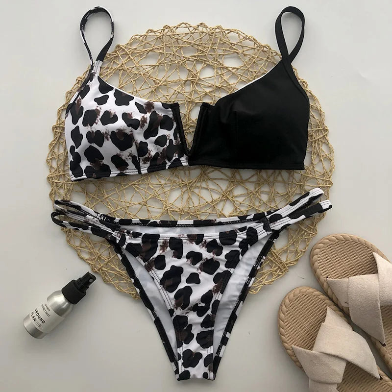 Women's Animal Print Swimwear V-Neck Bra & Bikini Swimwear