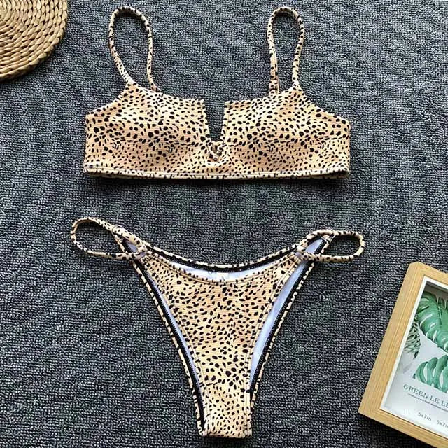 Women's Animal Print Swimwear V-Neck Bra & Bikini Swimwear