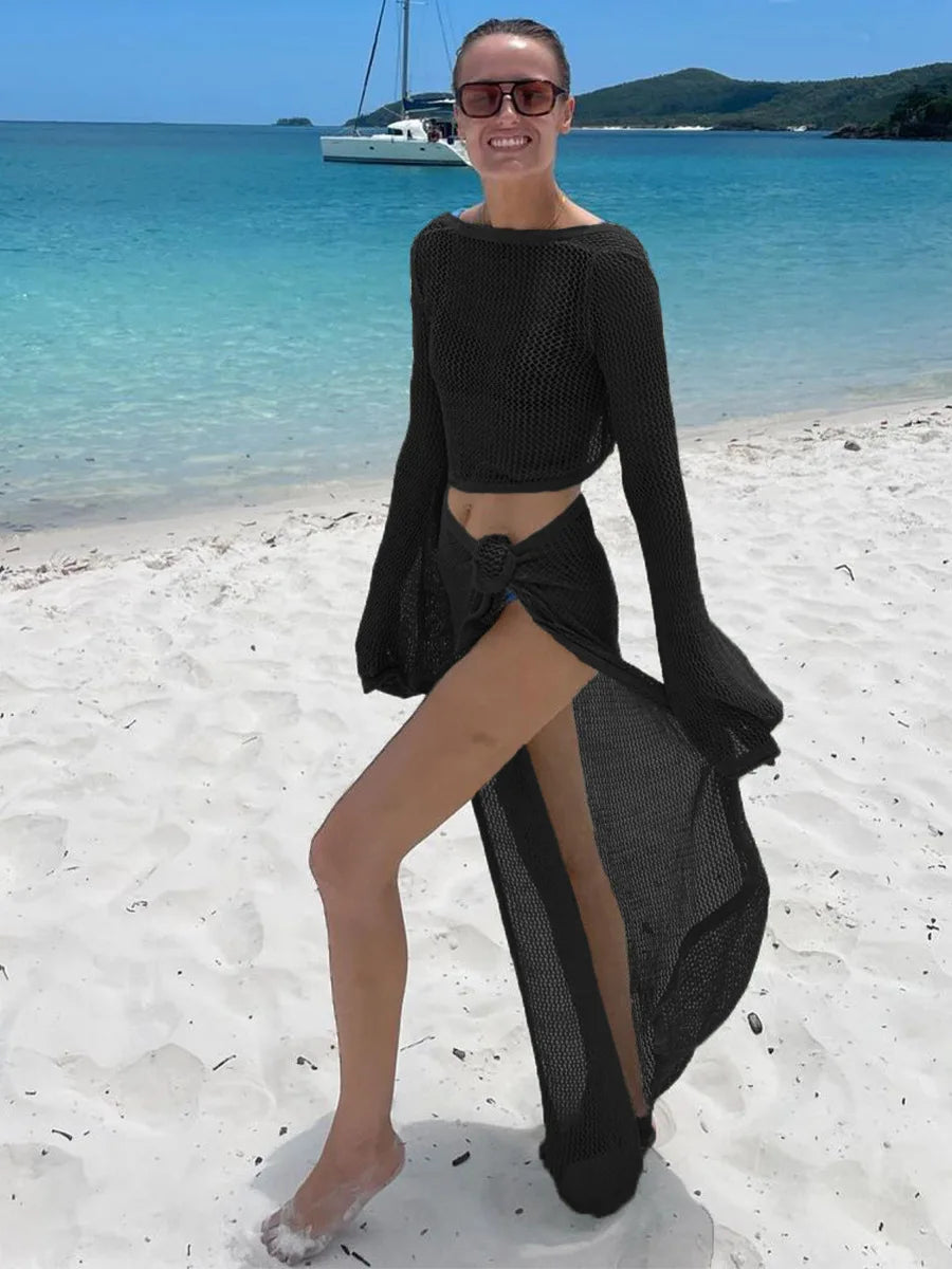 Women Wrap Knit Top & Skirt Beach Cover-Up Set Beach Outfits