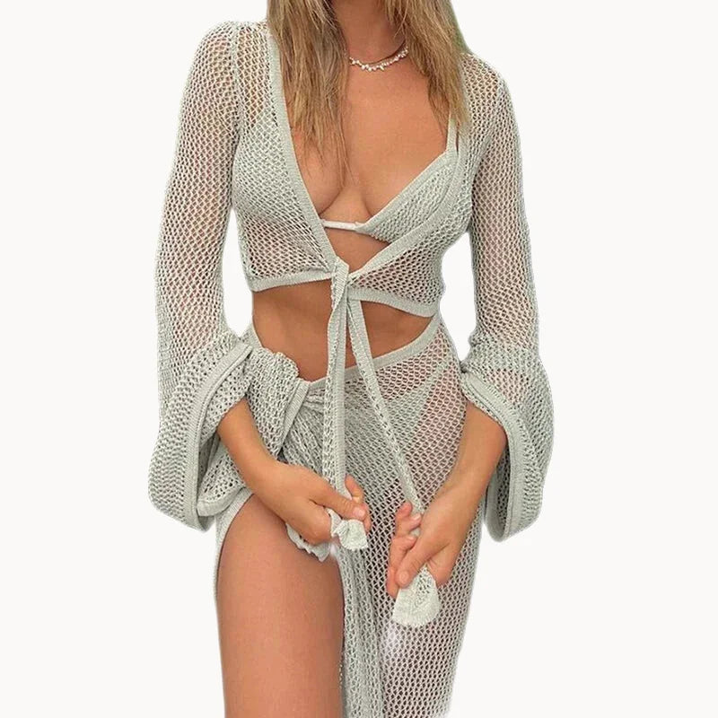 Women Wrap Knit Top & Skirt Beach Cover-Up Set	