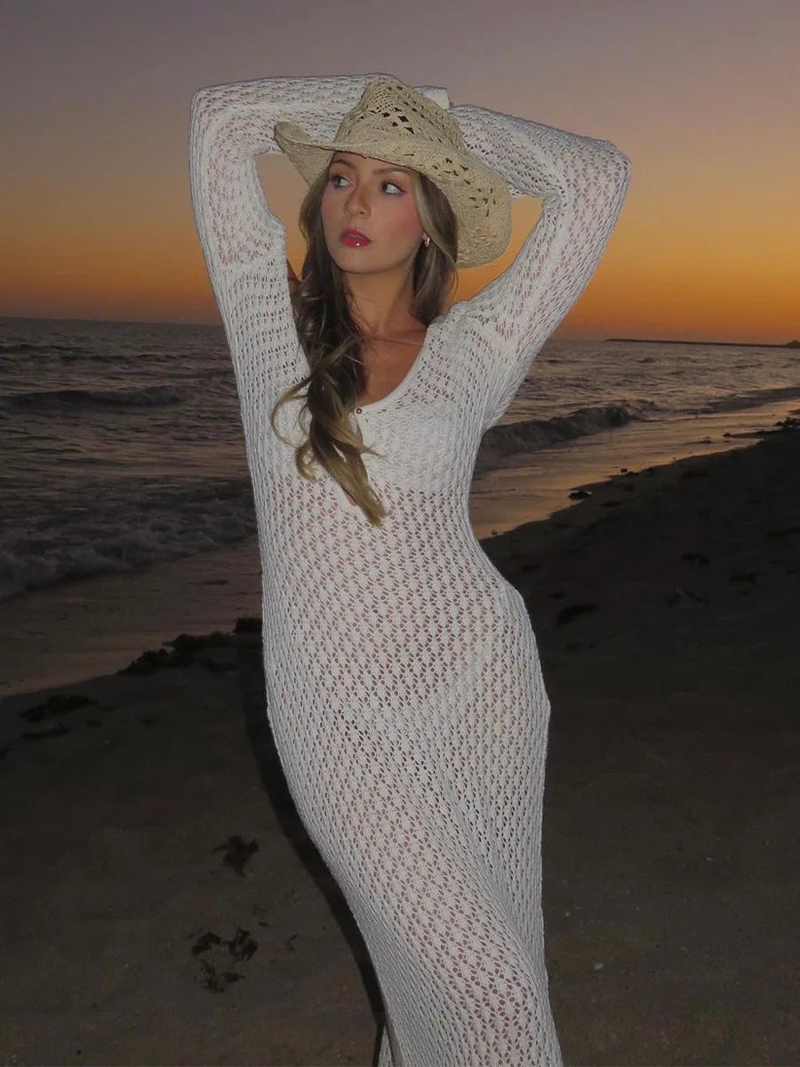 Women Long Sleeve Beach Maxi Dress Open Knit Cover-Up Beach