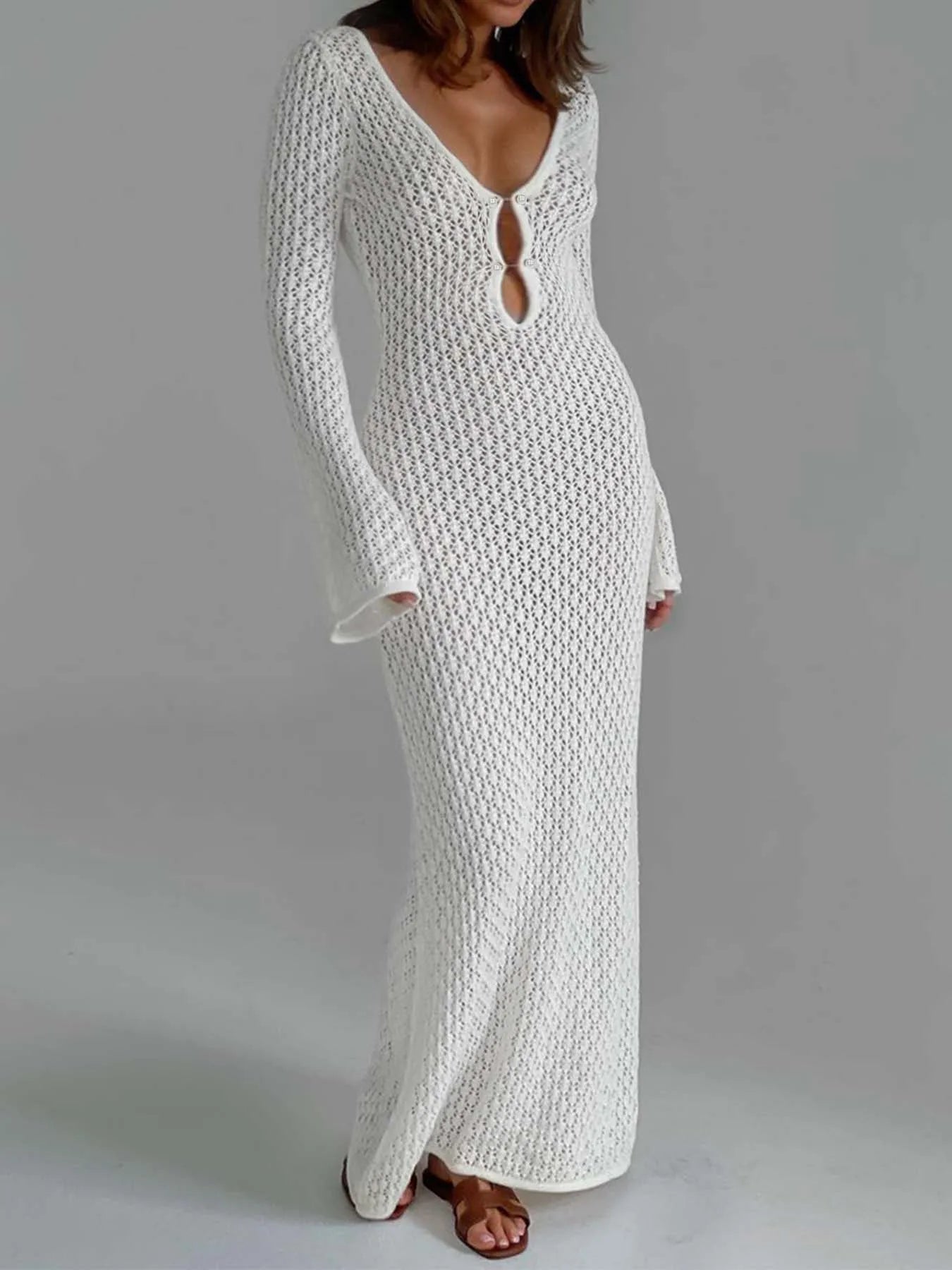 Women Long Sleeve Beach Maxi Dress Open Knit Cover-Up Beach