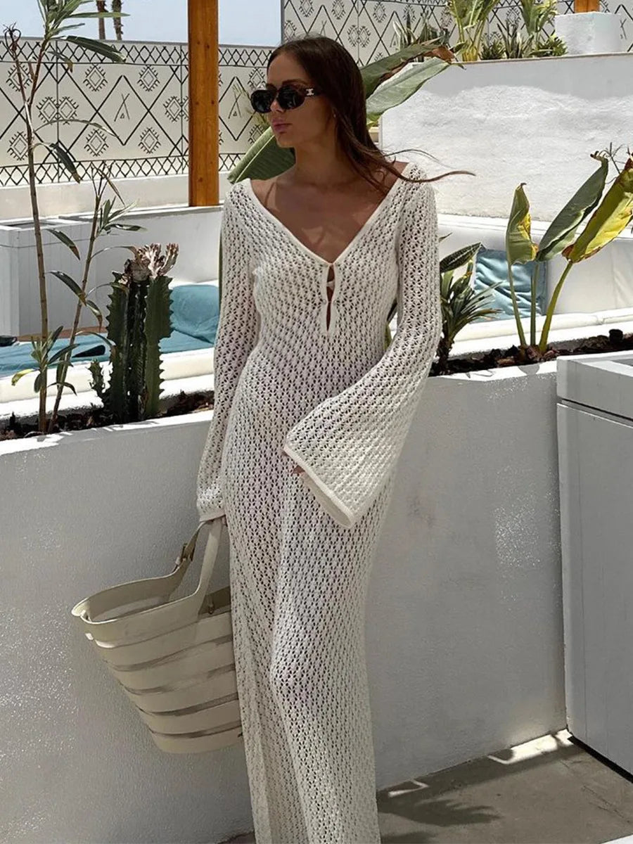 Women Long Sleeve Beach Maxi Dress Open Knit Cover-Up	