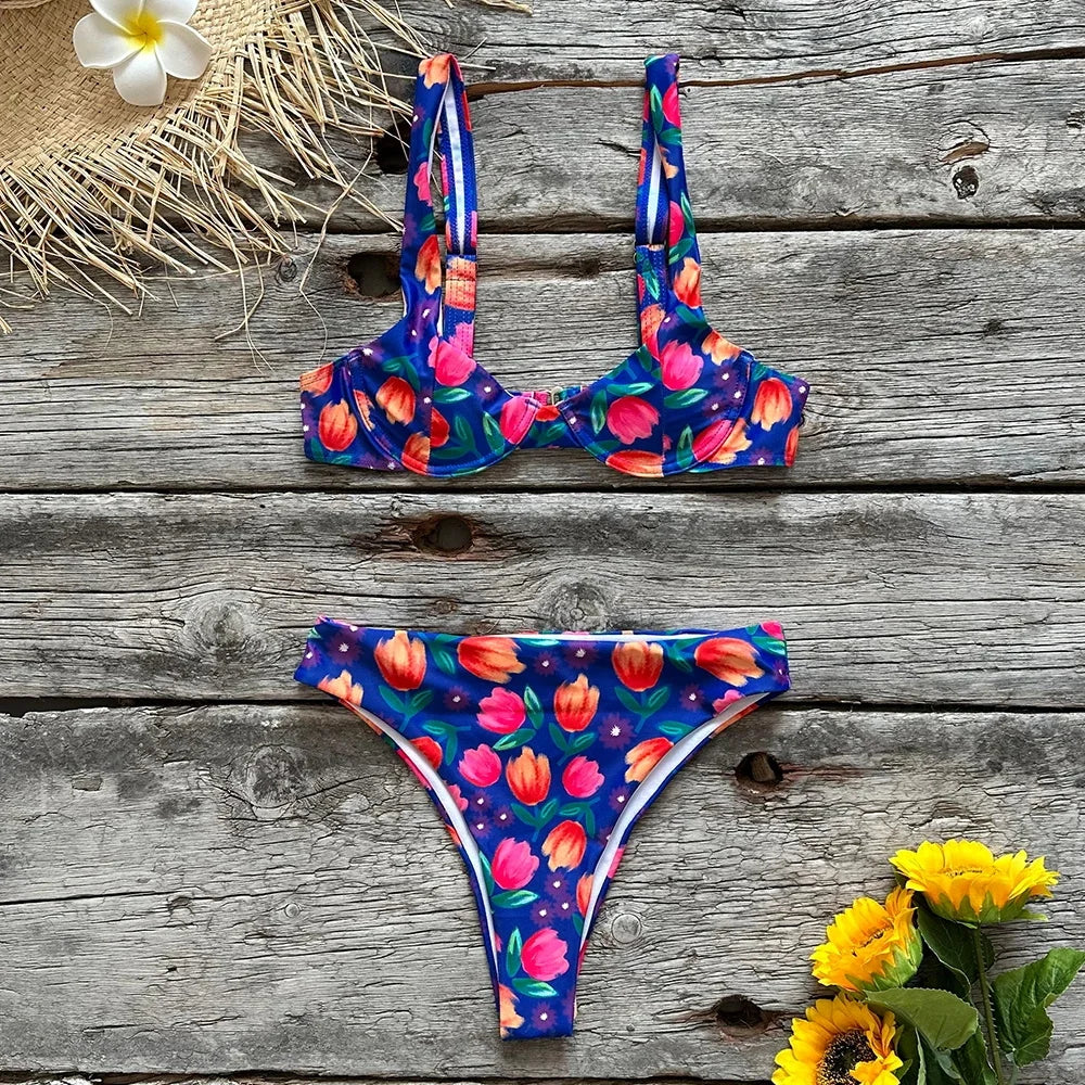 Women Petal Floral Underwire Bikini for Pool Getaway Swimwear