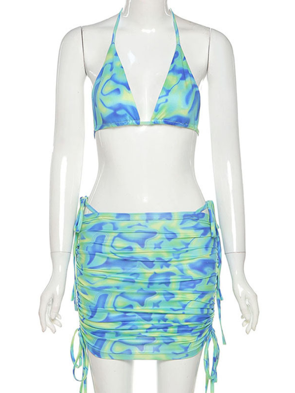 Women's Summer Print 2-Piece Triangle Bra & Mini Skirt Cover-Up