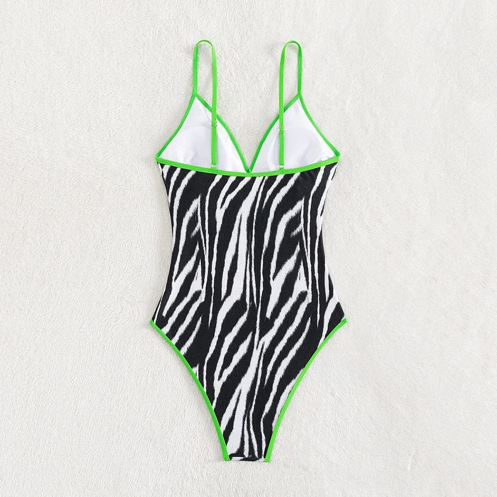 Zebra Print Plunging One-Piece Swimwear for Women with Vibrant