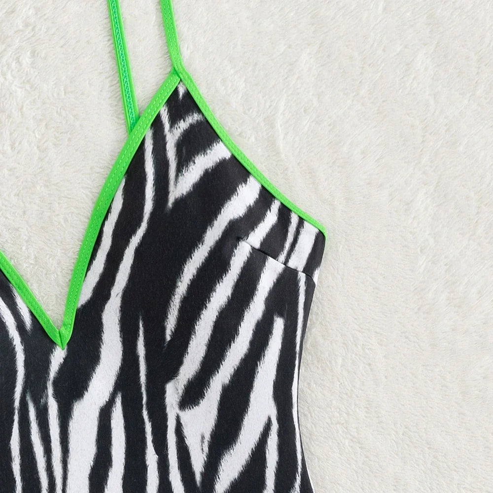 Zebra Print Plunging One-Piece Swimwear for Women with Vibrant