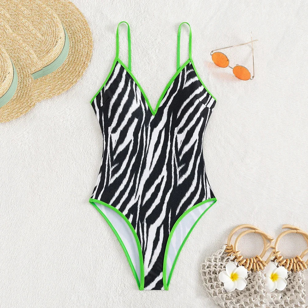 Zebra Print Plunging One-Piece Swimwear for Women with Vibrant