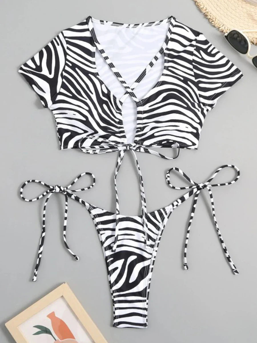 Zebra Print 2 Piece Swimwear with Cutout Top & String Bikini