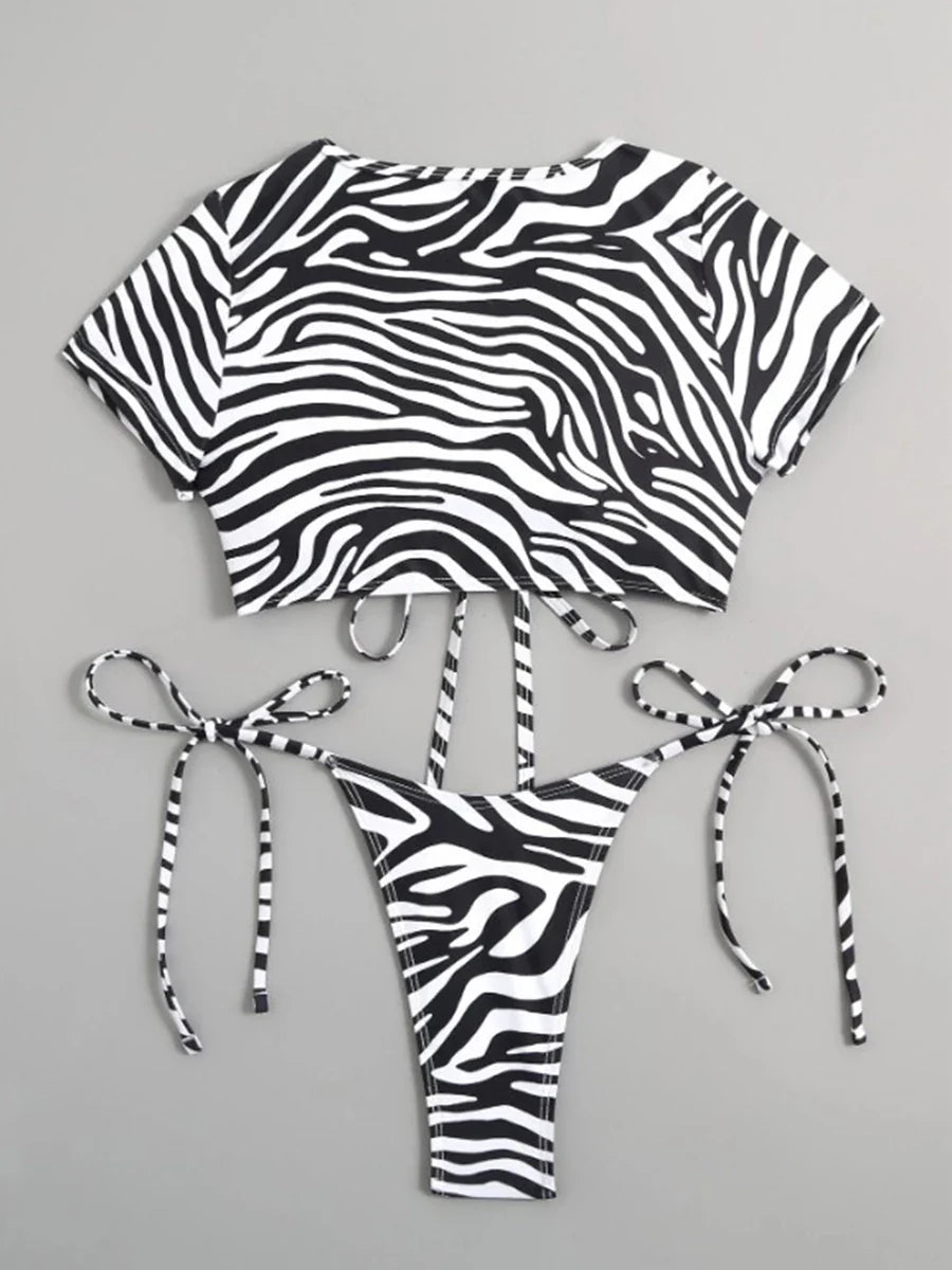 Zebra Print 2 Piece Swimwear with Cutout Top & String Bikini