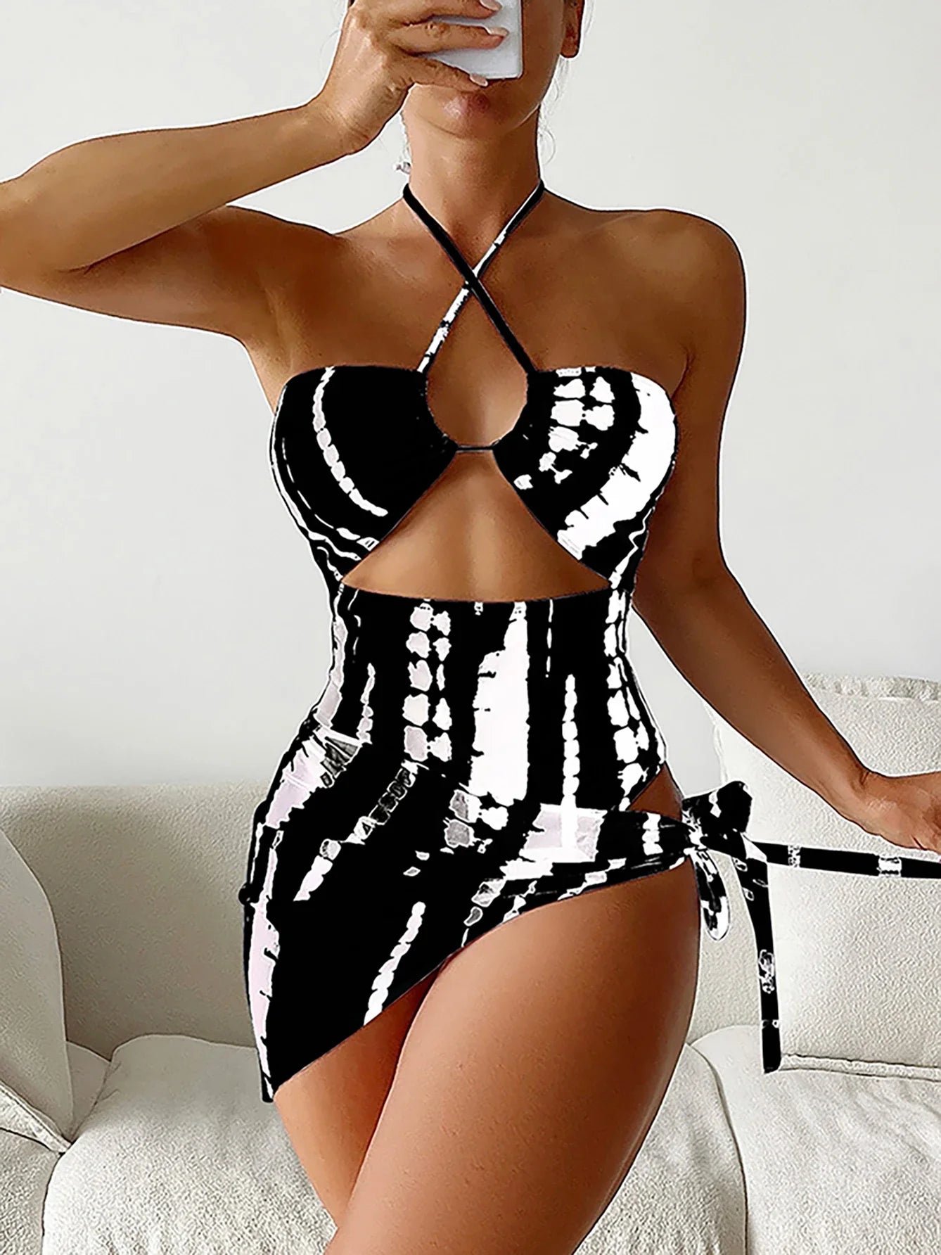 Women's Zebra Tie Dye One-Piece Swimsuit with Skirt Cover Up