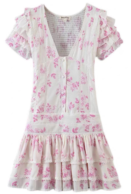 Summer Floral Smocked Ruffle Tiered Mini Dress Dress