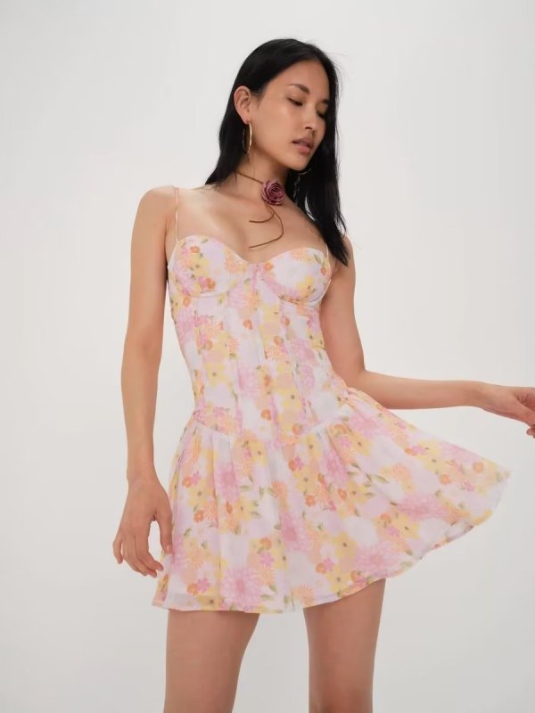Vintage Floral Corset Mini Dress: French Elegance for Your Vacation	