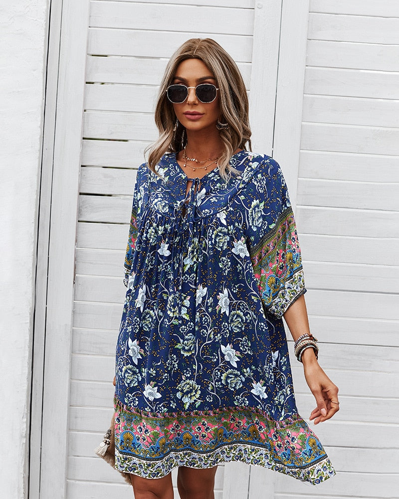 Women's Floral Neck Tie Loose Mini Dress Perfect for Any