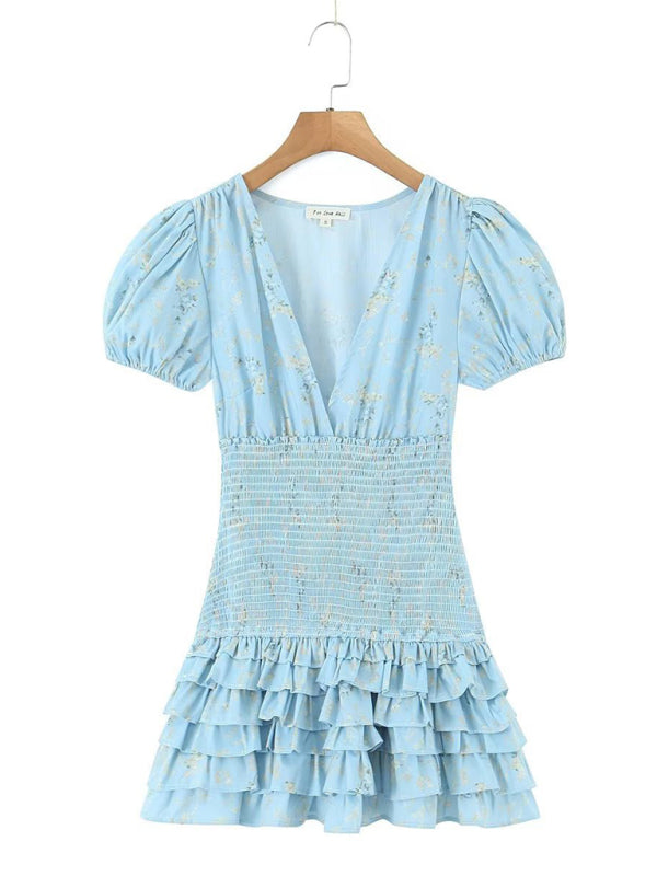 Trendy Women's A-Line Smocked Ruffle Mini Dress - Blue Layered