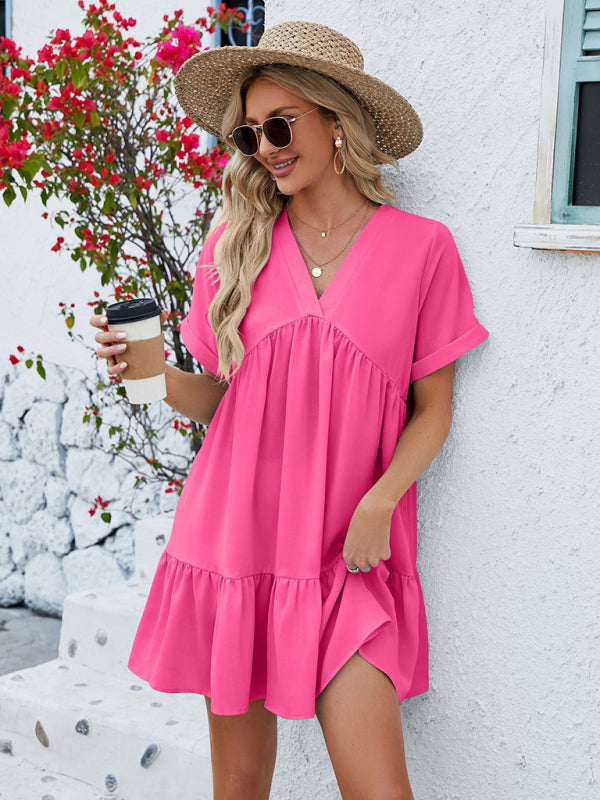 Tunic Style Short Sleeve V-Neck Dress for Summer Tunic Dresses