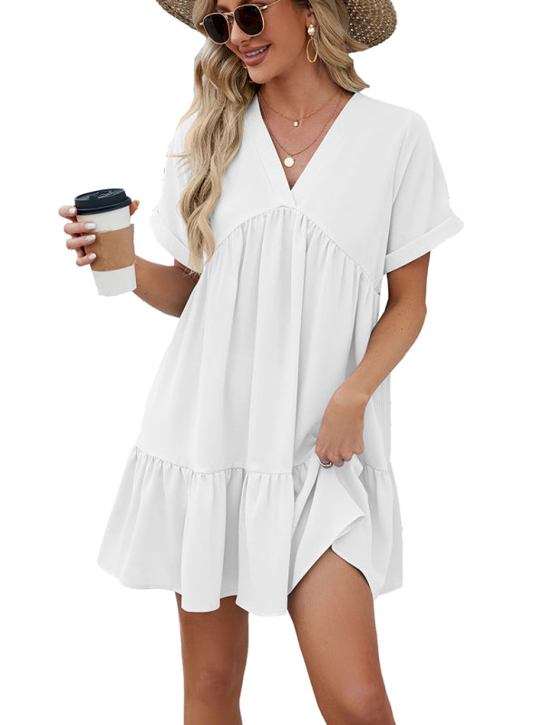 Tunic Style Short Sleeve V-Neck Dress for Summer Tunic Dresses