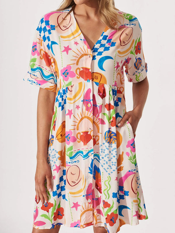 Women's Colorful Button-Up A-Line Dress with Short Sleeves	