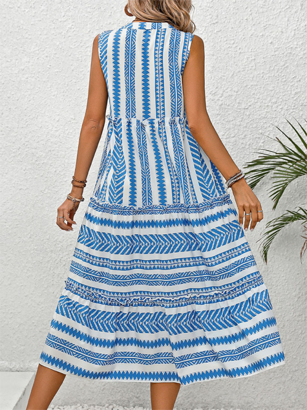 Women Boho Geo Print Sundress Tiered A-Line Dress Midi Dresses