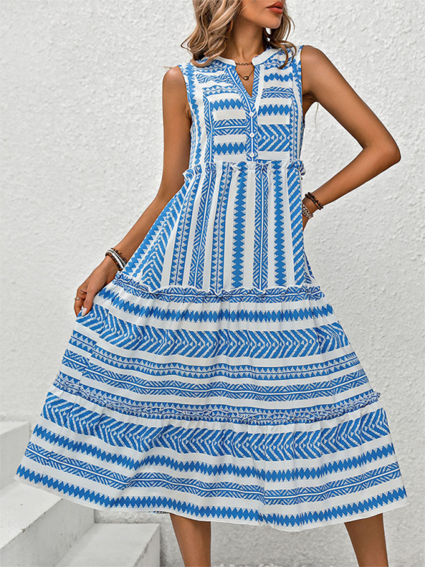 Women Boho Geo Print Sundress Tiered A-Line Dress Midi Dresses