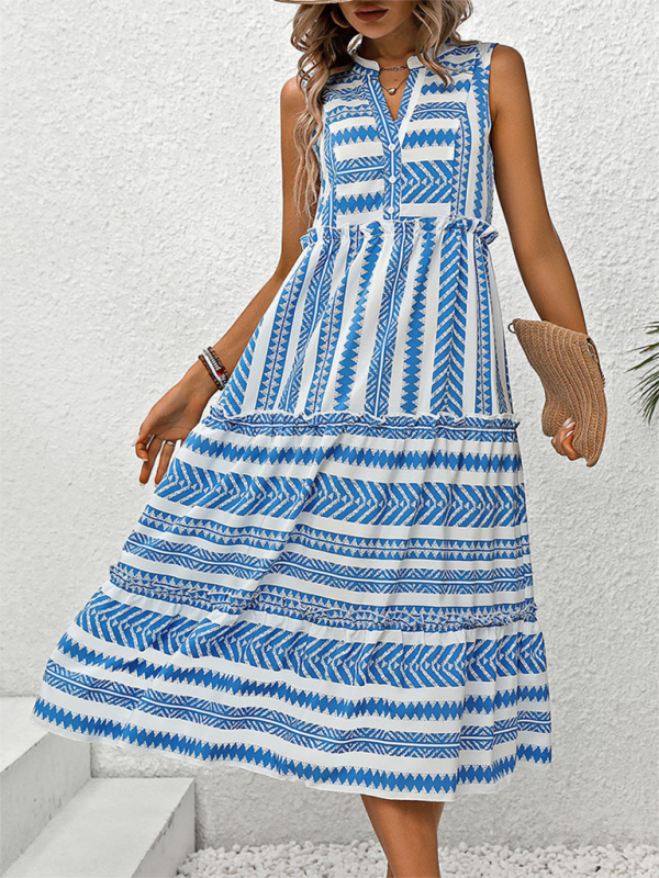 Women Boho Geo Print Sundress Tiered A-Line Dress Midi Dresses