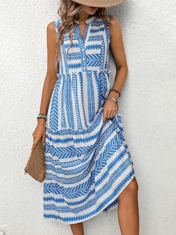 Women Boho Geo Print Sundress Tiered A-Line Dress Midi Dresses